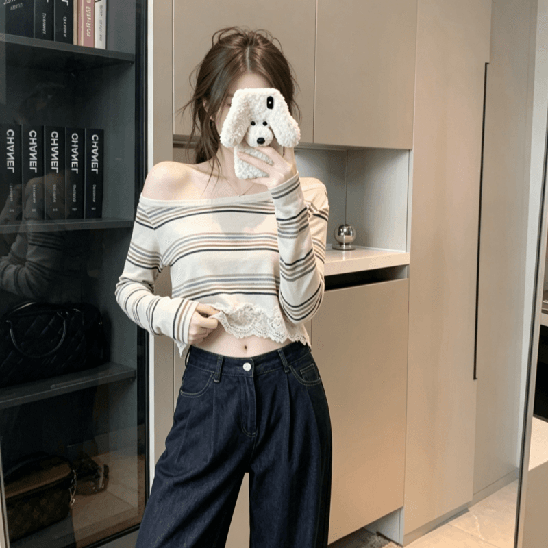 실사 순수한 욕망 섹시함 스트라이프 오프숄더 긴팔 티셔츠 여성 의류 여름 몸매 가꾸기 슬림해 보이는 쇼트 스타일 레이스 조각 맨위 상세 이미지 6
