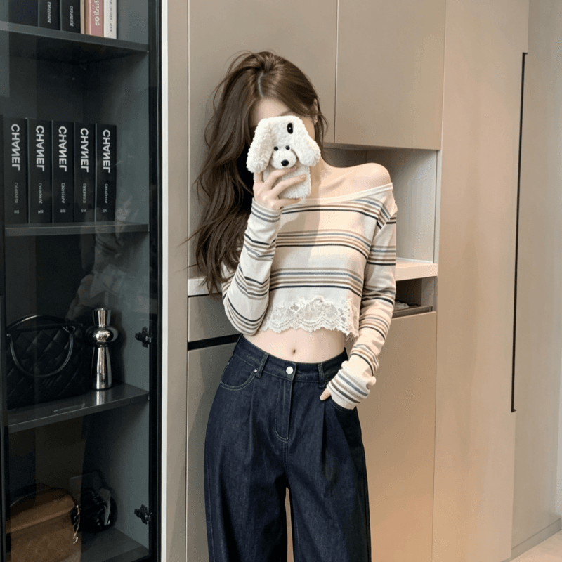실사 순수한 욕망 섹시함 스트라이프 오프숄더 긴팔 티셔츠 여성 의류 여름 몸매 가꾸기 슬림해 보이는 쇼트 스타일 레이스 조각 맨위 상세 이미지 7