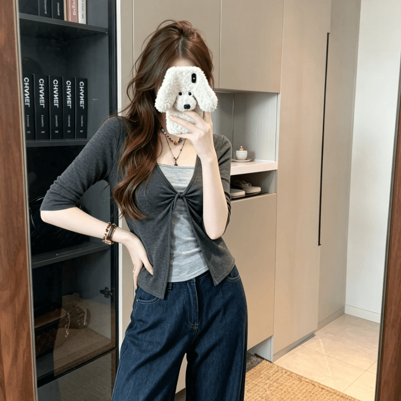 실사 한 부서 페이크 레이어드 V넥 중간 소매 티셔츠 여성 봄 가을 품격 몸매 가꾸기 슬림해 보이는 맨위 상세 이미지 5