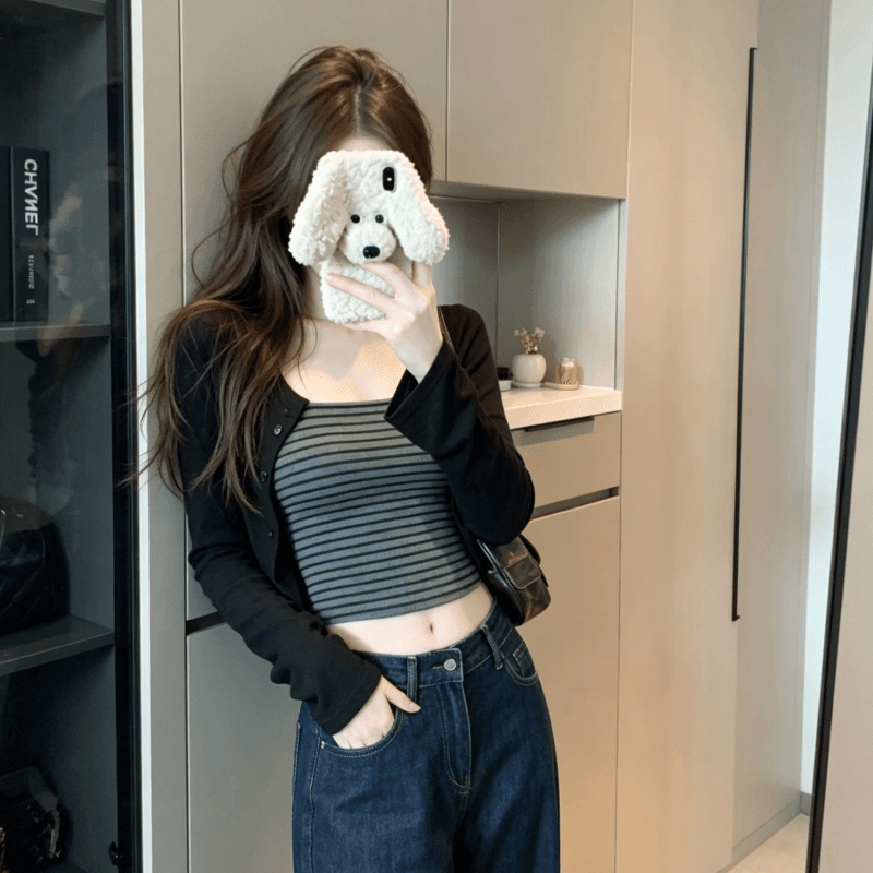 실사 작은 대중 배색 스트라이프 캐미솔 핫걸 여성 가을 품격 긴팔 카디건 코트 투피스 세트 이미지 2