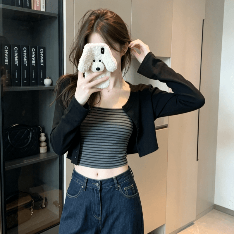 실사 작은 대중 배색 스트라이프 캐미솔 핫걸 여성 가을 품격 긴팔 카디건 코트 투피스 세트 상세 이미지 2