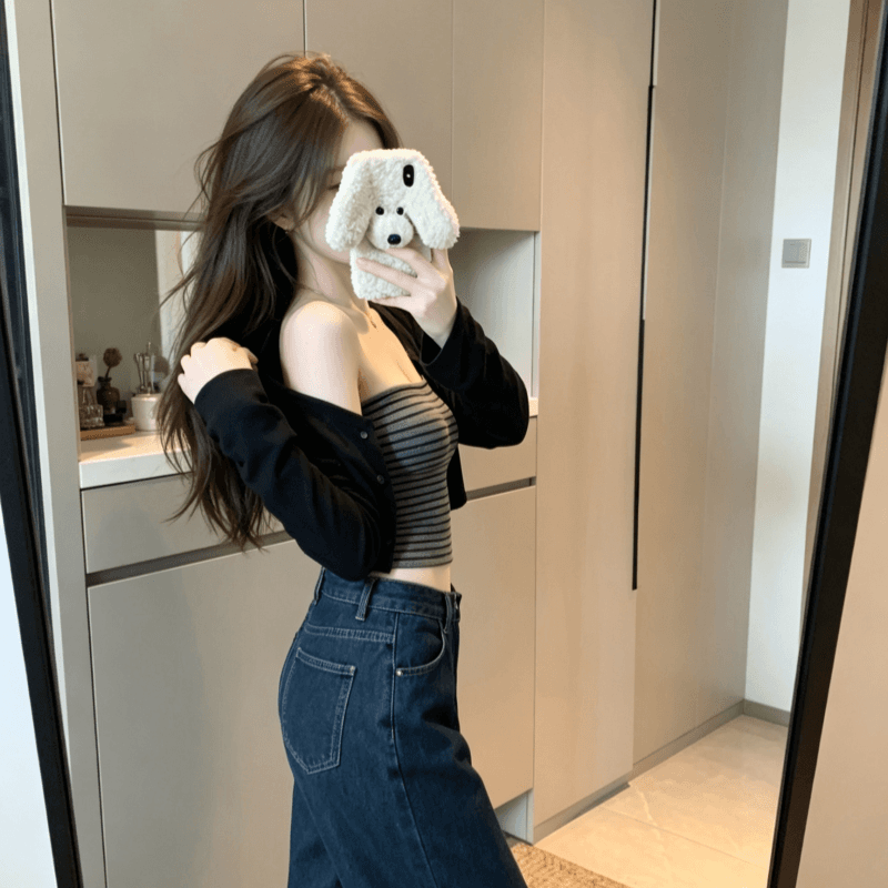 실사 작은 대중 배색 스트라이프 캐미솔 핫걸 여성 가을 품격 긴팔 카디건 코트 투피스 세트 상세 이미지 3