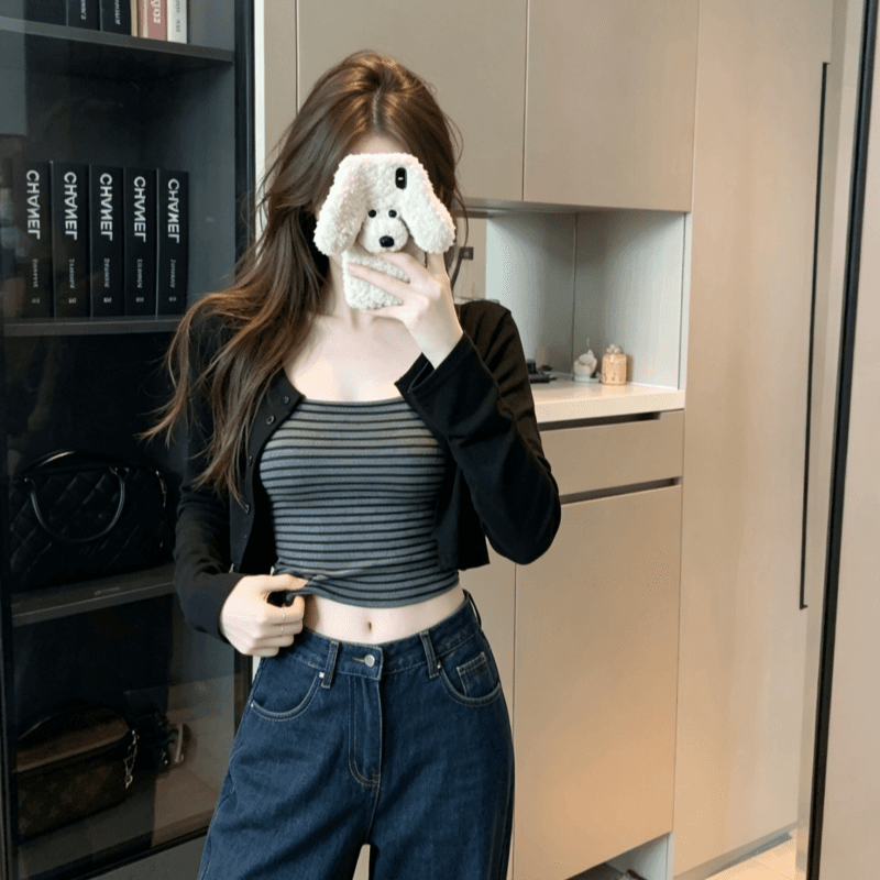 실사 작은 대중 배색 스트라이프 캐미솔 핫걸 여성 가을 품격 긴팔 카디건 코트 투피스 세트 상세 이미지 5