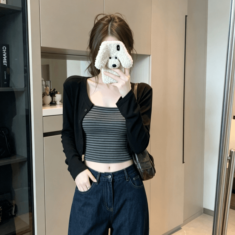 실사 작은 대중 배색 스트라이프 캐미솔 핫걸 여성 가을 품격 긴팔 카디건 코트 투피스 세트 상세 이미지 9