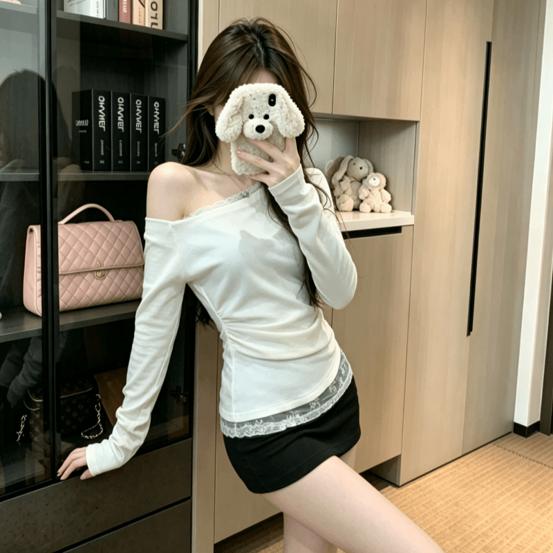 실사 2026 가을 새로운 디자인 센스 레이스 비스듬한 어깨 긴팔 티셔츠 여성 의류 핫걸 섹시함 몸매 가꾸기 맨위 이미지 3