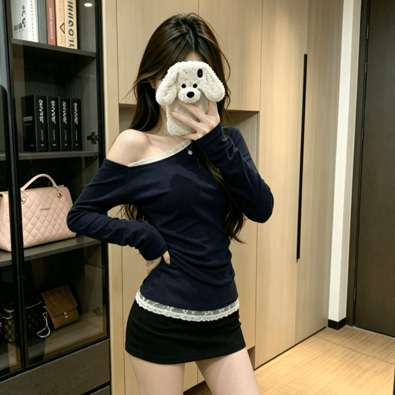 실사 2026 가을 새로운 디자인 센스 레이스 비스듬한 어깨 긴팔 티셔츠 여성 의류 핫걸 섹시함 몸매 가꾸기 맨위 상세 이미지 9