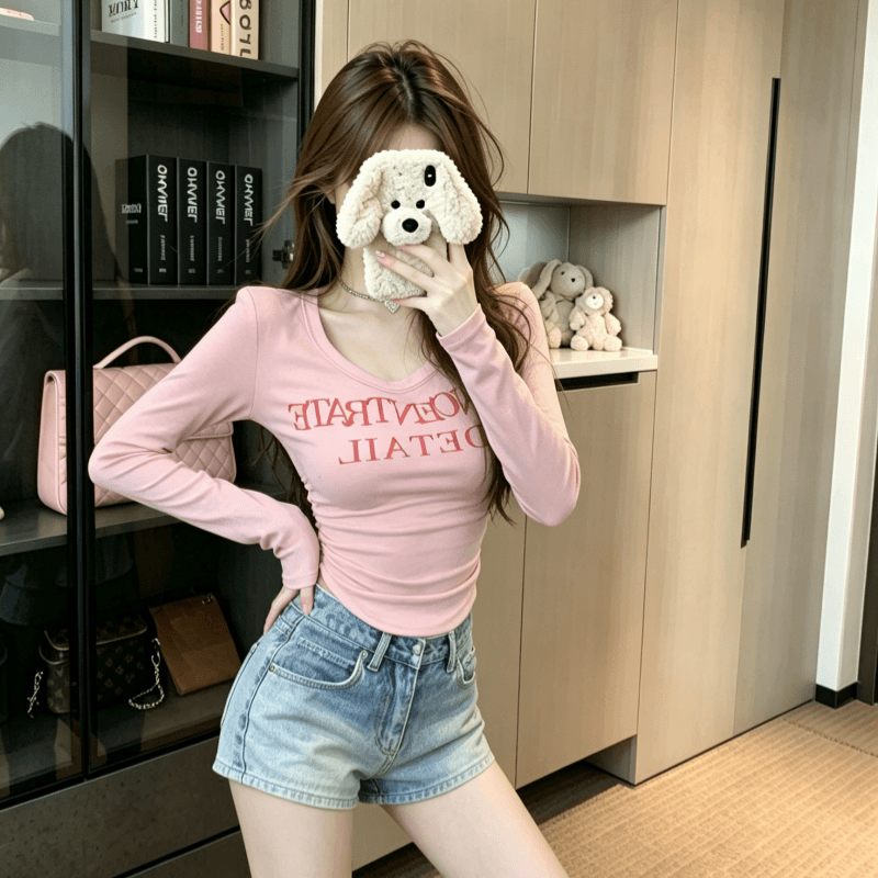 실사 순수한 욕망 바람 핫걸 u 칼라 긴팔 알파벳 프린트 기본 셔츠 디자인 센스 Chic 슬림해 보이는 De 플러시 맨위