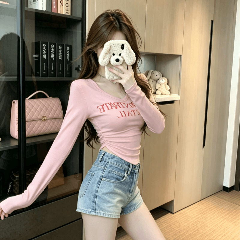 실사 순수한 욕망 바람 핫걸 u 칼라 긴팔 알파벳 프린트 기본 셔츠 디자인 센스 Chic 슬림해 보이는 De 플러시 맨위 상세 이미지 2