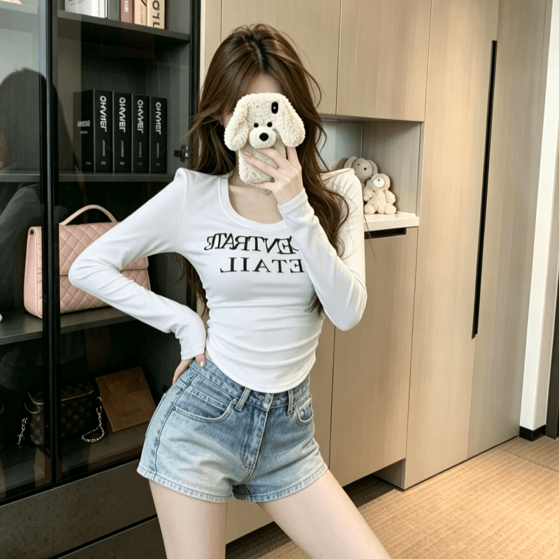 실사 순수한 욕망 바람 핫걸 u 칼라 긴팔 알파벳 프린트 기본 셔츠 디자인 센스 Chic 슬림해 보이는 De 플러시 맨위 상세 이미지 7