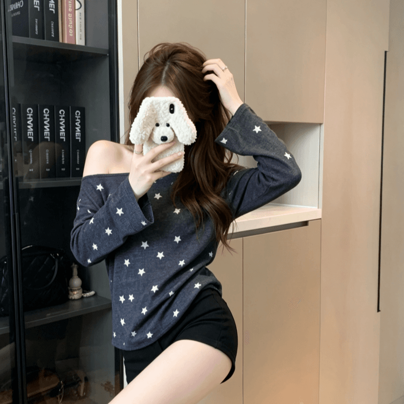 실사 가을 새로운 한국 스타일 몸매 가꾸기 슬림해 보이는 여성 다용도 비스듬한 어깨 얇은 스타일 자외선 차단 티셔츠 맨위 이미지 4
