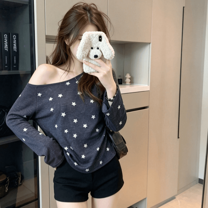 실사 가을 새로운 한국 스타일 몸매 가꾸기 슬림해 보이는 여성 다용도 비스듬한 어깨 얇은 스타일 자외선 차단 티셔츠 맨위 상세 이미지 7