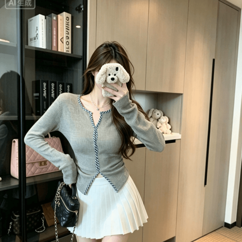 실사 디자인 센스 체크무늬 비틀림 긴팔 니트 스웨터 여성 의류 가을 Chic 연령 감소 몸매 가꾸기 슬림해 보이는 맨위 상세 이미지 2