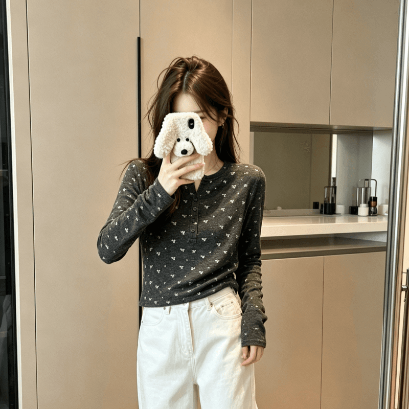 실사 2026 가을 새로운 달콤한 핫걸 바람 꽃무늬 긴팔 티셔츠 여성 몸매 가꾸기 슬림해 보이는 작은 대중 맨위 상세 이미지 4