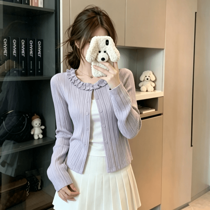 실사 프릴 배색 페이크 레이어드 긴팔 티셔츠 여성 봄 가을 나비 매듭 레이스 레이스 몸매 가꾸기 맨위 이미지 5