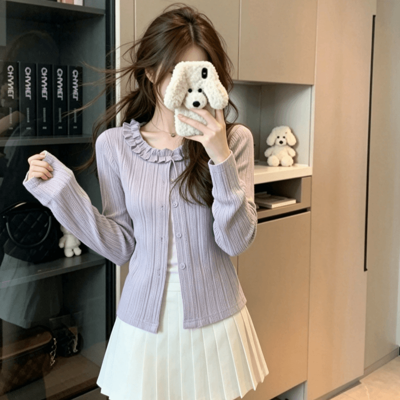 실사 프릴 배색 페이크 레이어드 긴팔 티셔츠 여성 봄 가을 나비 매듭 레이스 레이스 몸매 가꾸기 맨위 이미지 4