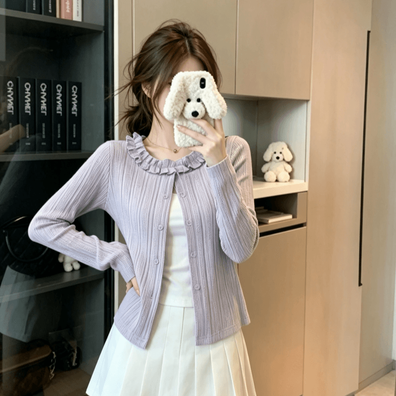 실사 프릴 배색 페이크 레이어드 긴팔 티셔츠 여성 봄 가을 나비 매듭 레이스 레이스 몸매 가꾸기 맨위 상세 이미지 2