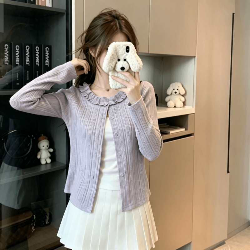 실사 프릴 배색 페이크 레이어드 긴팔 티셔츠 여성 봄 가을 나비 매듭 레이스 레이스 몸매 가꾸기 맨위 상세 이미지 6