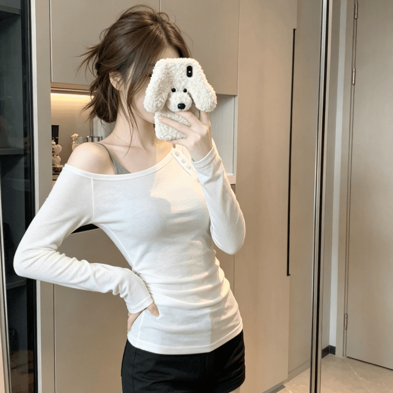 실사 아메리칸 불규칙 비스듬한 어깨 긴팔 티셔츠 여성 가을 순수한 욕망 핫걸 오프숄더 맨위 이미지 3