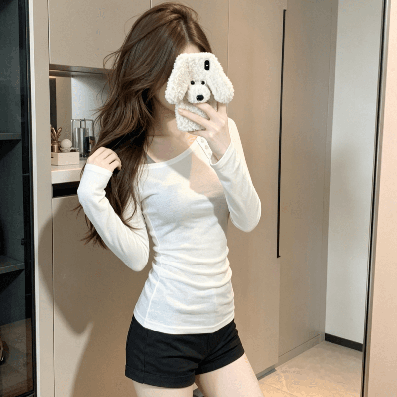 실사 아메리칸 불규칙 비스듬한 어깨 긴팔 티셔츠 여성 가을 순수한 욕망 핫걸 오프숄더 맨위 상세 이미지 2