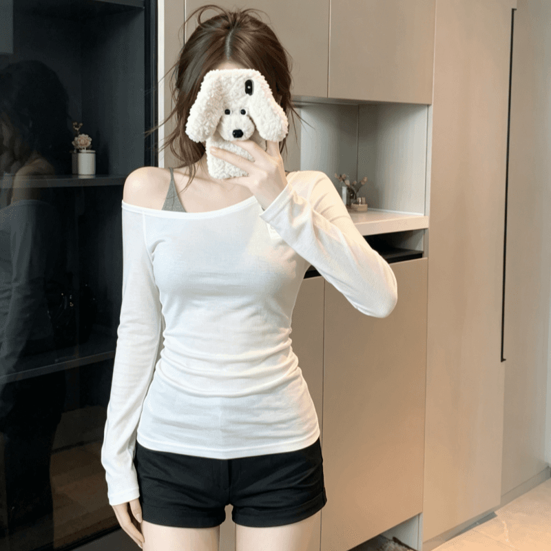 실사 아메리칸 불규칙 비스듬한 어깨 긴팔 티셔츠 여성 가을 순수한 욕망 핫걸 오프숄더 맨위 상세 이미지 7