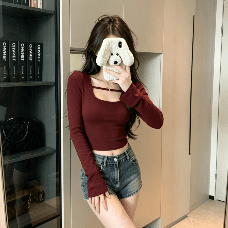 실사 와인 레드 타이트 쇼트 스타일 품격 긴팔 인사이드 가져 가라. 티셔츠 여성 봄 가을 새로운 u 칼라 기본 셔츠 맨위 이미지 3