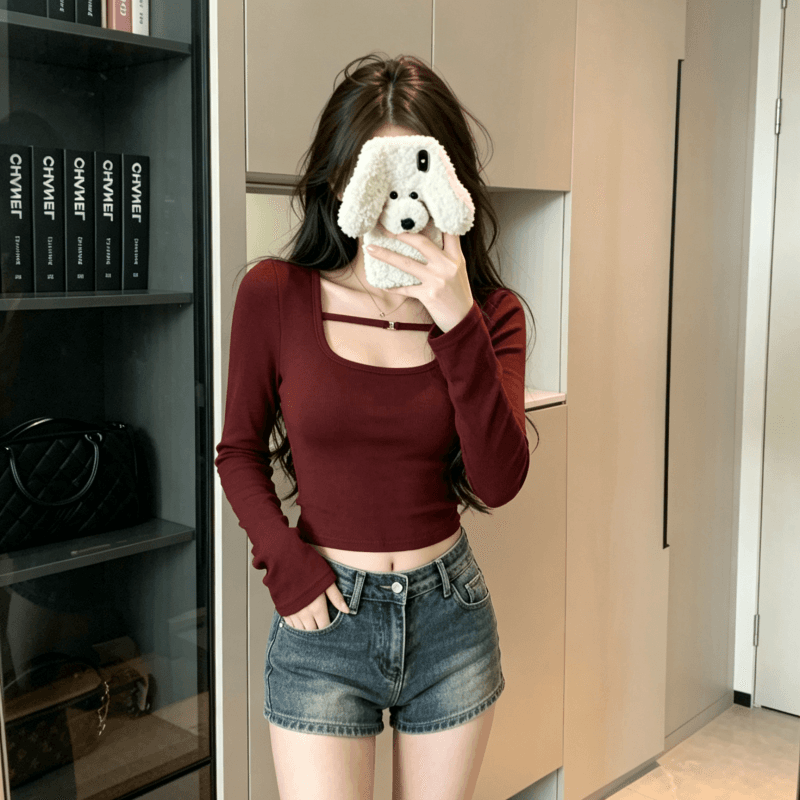 실사 와인 레드 타이트 쇼트 스타일 품격 긴팔 인사이드 가져 가라. 티셔츠 여성 봄 가을 새로운 u 칼라 기본 셔츠 맨위 상세 이미지 1