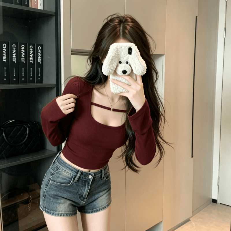 실사 와인 레드 타이트 쇼트 스타일 품격 긴팔 인사이드 가져 가라. 티셔츠 여성 봄 가을 새로운 u 칼라 기본 셔츠 맨위 상세 이미지 2