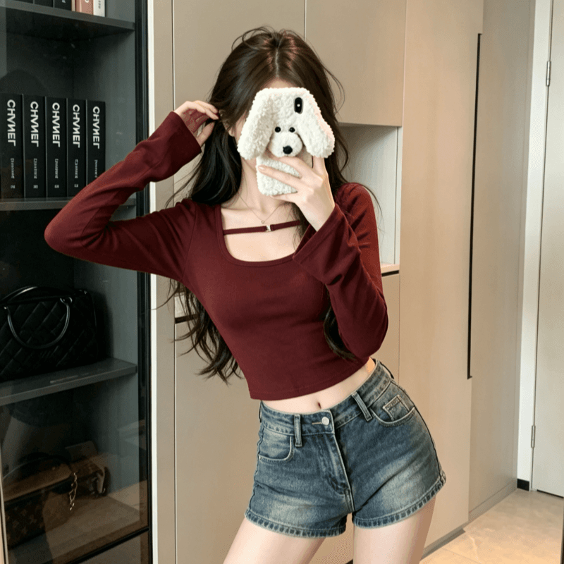 실사 와인 레드 타이트 쇼트 스타일 품격 긴팔 인사이드 가져 가라. 티셔츠 여성 봄 가을 새로운 u 칼라 기본 셔츠 맨위 상세 이미지 4