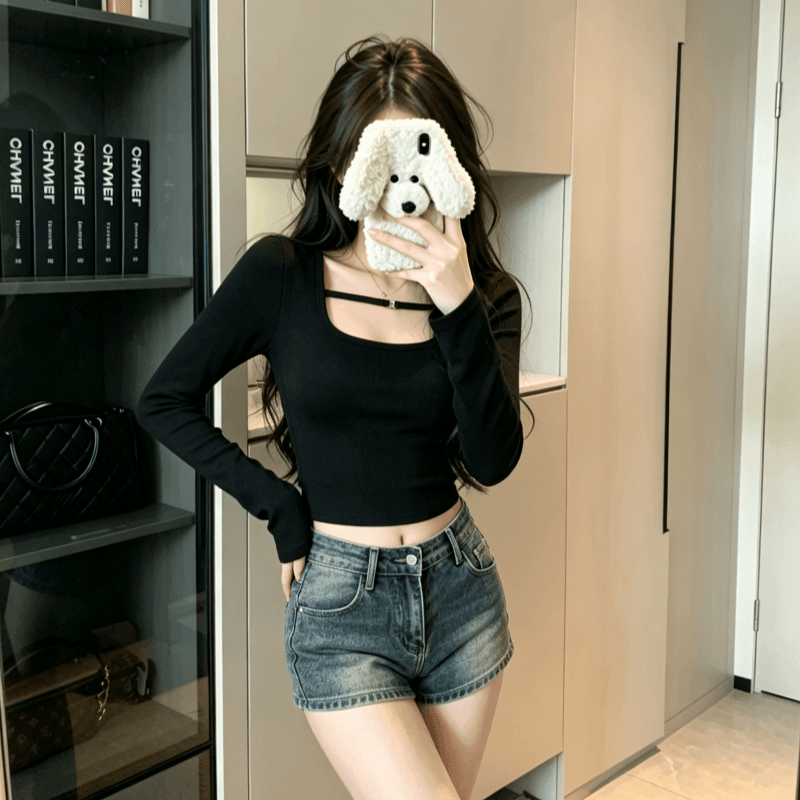 실사 와인 레드 타이트 쇼트 스타일 품격 긴팔 인사이드 가져 가라. 티셔츠 여성 봄 가을 새로운 u 칼라 기본 셔츠 맨위 상세 이미지 6