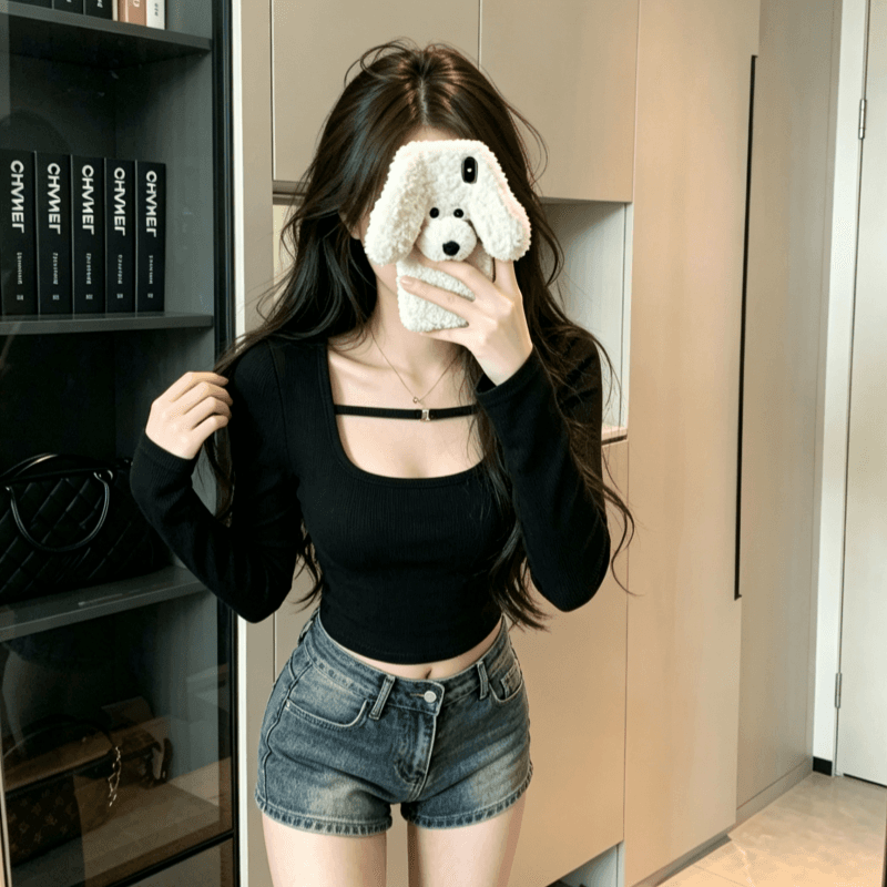 실사 와인 레드 타이트 쇼트 스타일 품격 긴팔 인사이드 가져 가라. 티셔츠 여성 봄 가을 새로운 u 칼라 기본 셔츠 맨위 상세 이미지 8