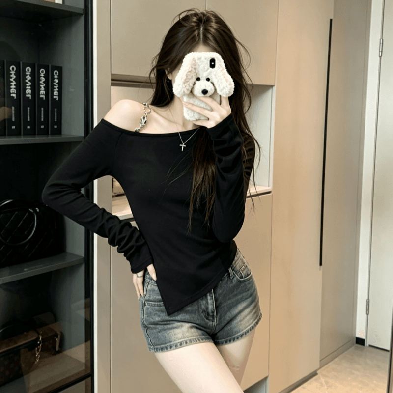 실사 한 부서 검정색 비스듬한 어깨 체인 긴팔 티셔츠 여성 가을 몸매 가꾸기 짧은 맨위 이미지 5