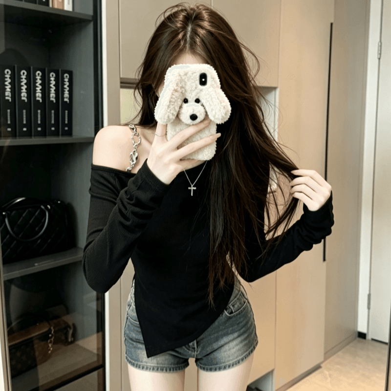 실사 한 부서 검정색 비스듬한 어깨 체인 긴팔 티셔츠 여성 가을 몸매 가꾸기 짧은 맨위 상세 이미지 3