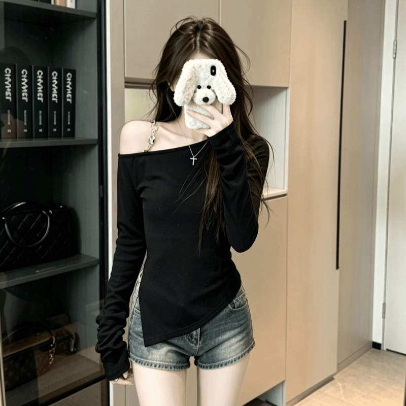 실사 한 부서 검정색 비스듬한 어깨 체인 긴팔 티셔츠 여성 가을 몸매 가꾸기 짧은 맨위 상세 이미지 6