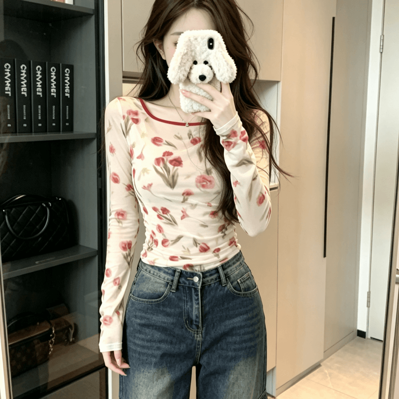 실사 레트로 프린트 배색 긴팔 몸매 가꾸기 슬림해 보이는 핫걸 디자인 센스 라운드 넥 스트랩 백리스 맨위 이미지 3
