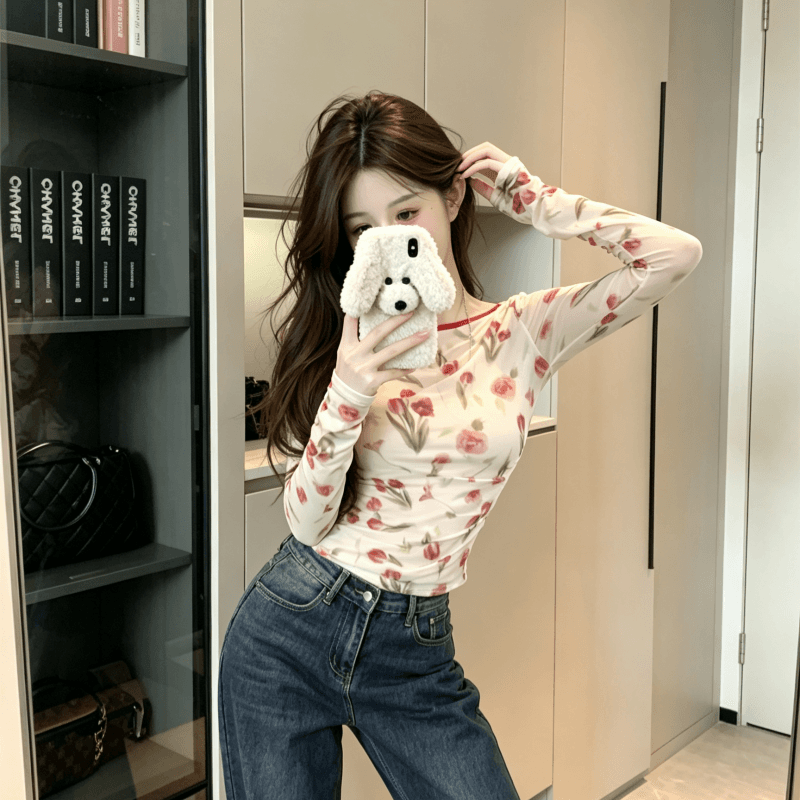 실사 레트로 프린트 배색 긴팔 몸매 가꾸기 슬림해 보이는 핫걸 디자인 센스 라운드 넥 스트랩 백리스 맨위 이미지 4