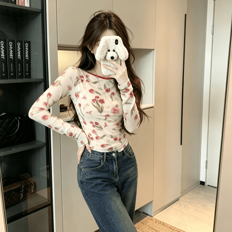 실사 레트로 프린트 배색 긴팔 몸매 가꾸기 슬림해 보이는 핫걸 디자인 센스 라운드 넥 스트랩 백리스 맨위 상세 이미지 2