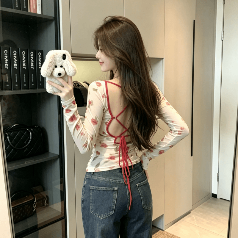 실사 레트로 프린트 배색 긴팔 몸매 가꾸기 슬림해 보이는 핫걸 디자인 센스 라운드 넥 스트랩 백리스 맨위 상세 이미지 7
