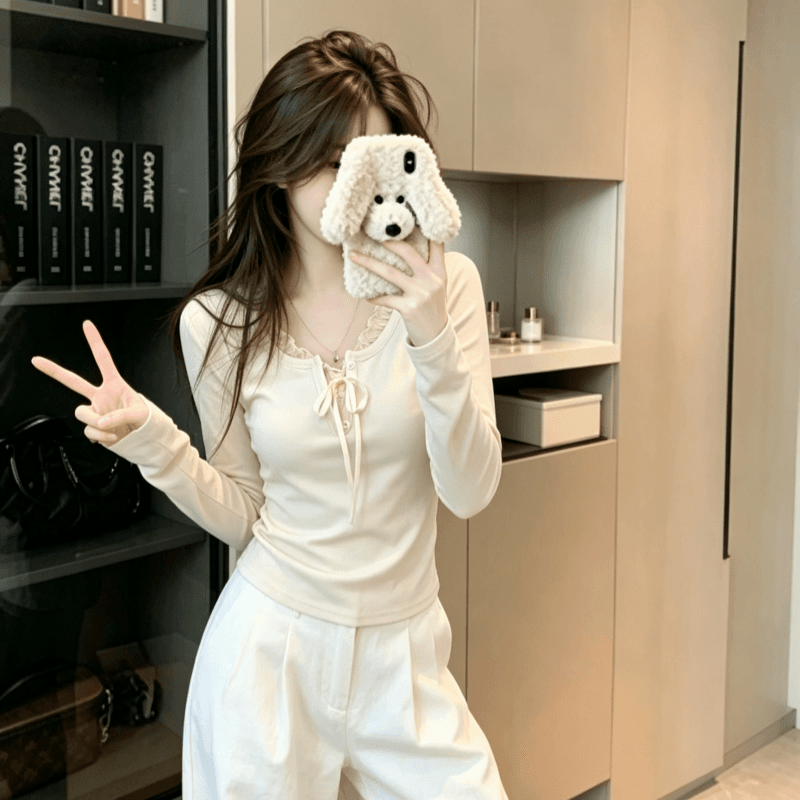 실사 순면 리브 긴팔 티셔츠 여성 2026 봄 가을 새로운 얇은 몸매 가꾸기 망사 기본 셔츠 라운드 넥 맨위 이미지 5