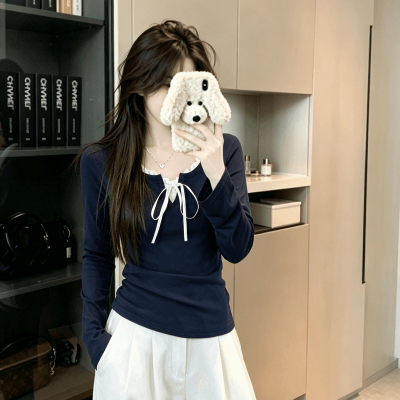 실사 순면 리브 긴팔 티셔츠 여성 2026 봄 가을 새로운 얇은 몸매 가꾸기 망사 기본 셔츠 라운드 넥 맨위 이미지 2