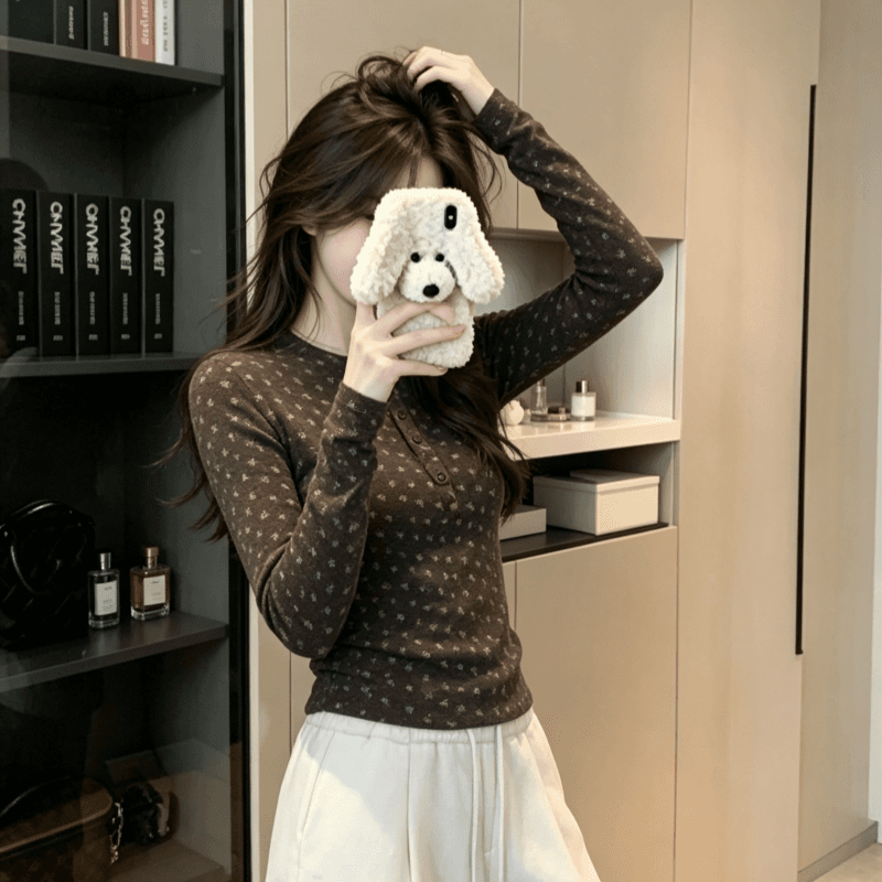 실사 달콤한 스타일 살구 색상 꽃무늬 단추 긴팔 티셔츠 여성 겨울 Chic 연령 감소 슬림해 보이는 인사이드 잡아라. 의류 상세 이미지 5