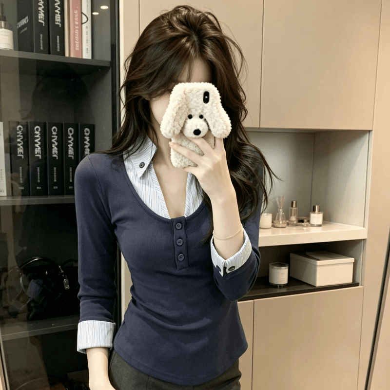 실사 페이크 레이어드 기본 셔츠 맨위 순수한 욕망 품격 배색 스트라이프 셔츠 칼라 긴팔 티셔츠 트렌디 이미지 5