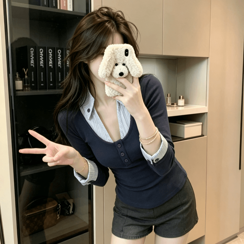 실사 페이크 레이어드 기본 셔츠 맨위 순수한 욕망 품격 배색 스트라이프 셔츠 칼라 긴팔 티셔츠 트렌디 이미지 3