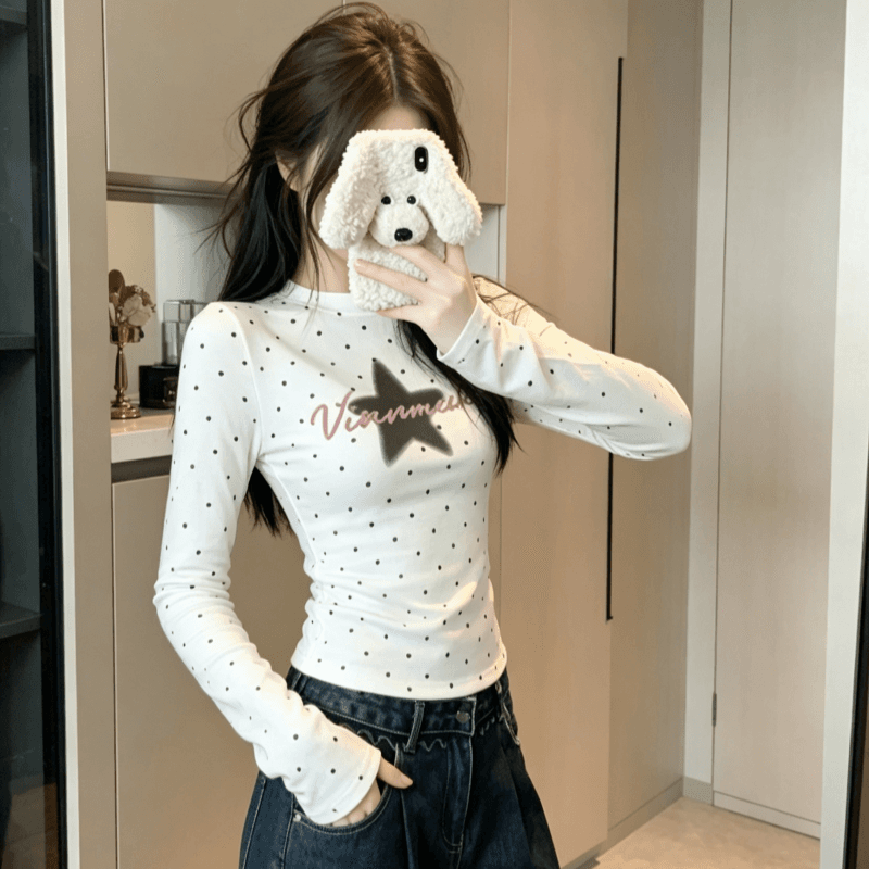 실사 별 알파벳 프린트 도트 무늬 긴팔 화이트 티셔츠 여성 다용도 라운드 넥 맨위 트렌디 이미지 4