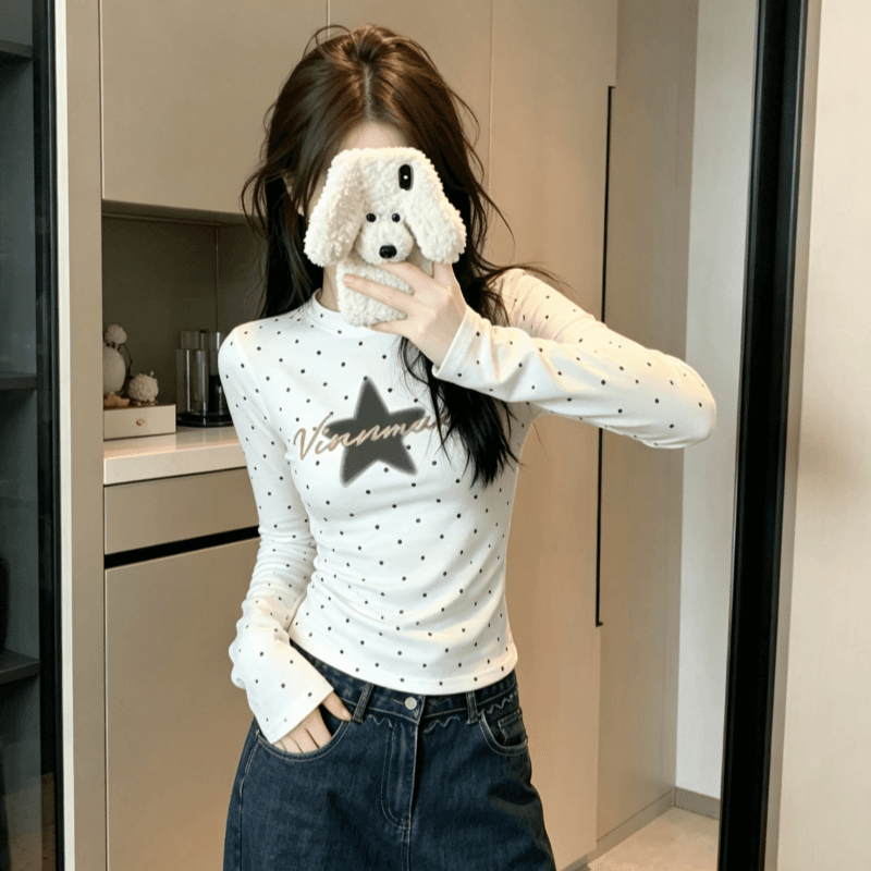 실사 별 알파벳 프린트 도트 무늬 긴팔 화이트 티셔츠 여성 다용도 라운드 넥 맨위 트렌디