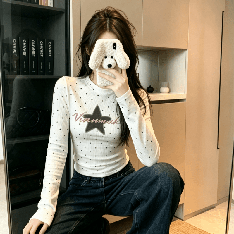실사 별 알파벳 프린트 도트 무늬 긴팔 화이트 티셔츠 여성 다용도 라운드 넥 맨위 트렌디 이미지 5
