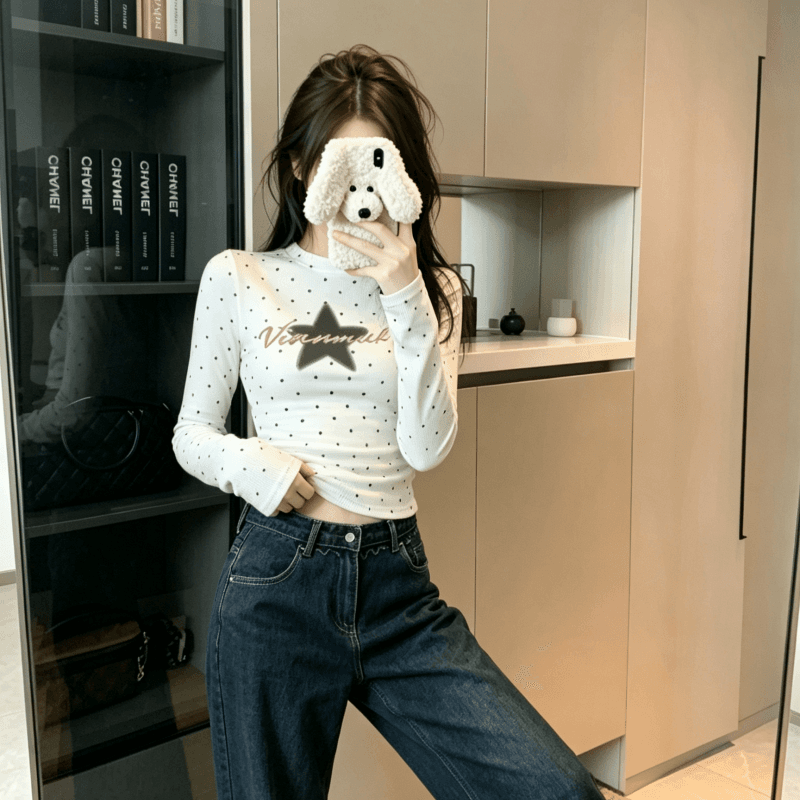 실사 별 알파벳 프린트 도트 무늬 긴팔 화이트 티셔츠 여성 다용도 라운드 넥 맨위 트렌디 상세 이미지 6