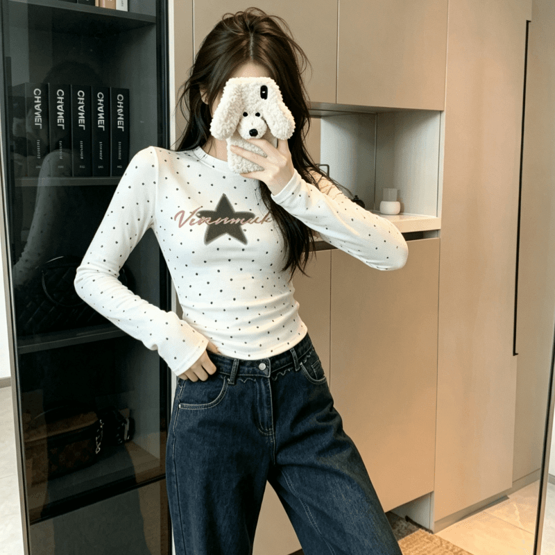실사 별 알파벳 프린트 도트 무늬 긴팔 화이트 티셔츠 여성 다용도 라운드 넥 맨위 트렌디 상세 이미지 7
