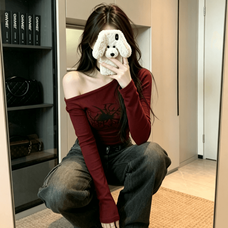 실사 티셔츠 여성 이른 가을 핫걸 Chic chic 달콤한 매운맛 몸매 가꾸기 슬림해 보이는 기본 셔츠 오프숄더 쇼트 스타일 작은 맨위 상세 이미지 2