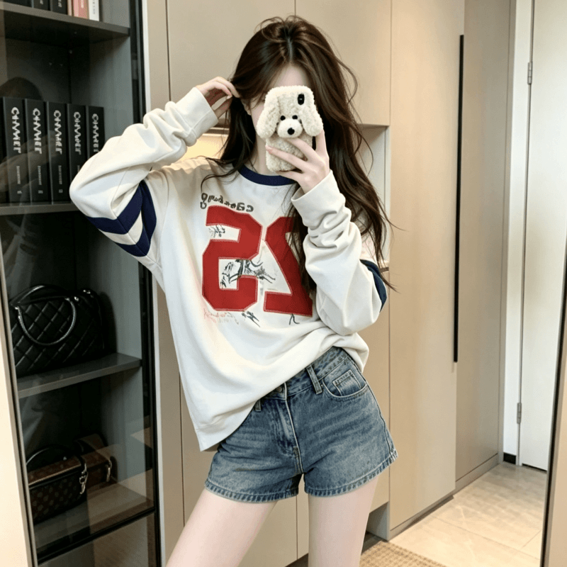 실사 레트로 거리 바람 긴팔 티셔츠 여성 가을 자수 낙서 프린트 캐주얼 맨위 상세 이미지 2
