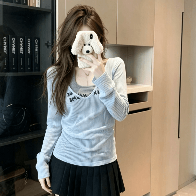 실사 순수한 욕망 스택 착용 행침 목 조끼 긴팔 티셔츠 여성 여름 홀로우 아웃 자외선 차단 블라우스 슬립 투피스 세트 이미지 5
